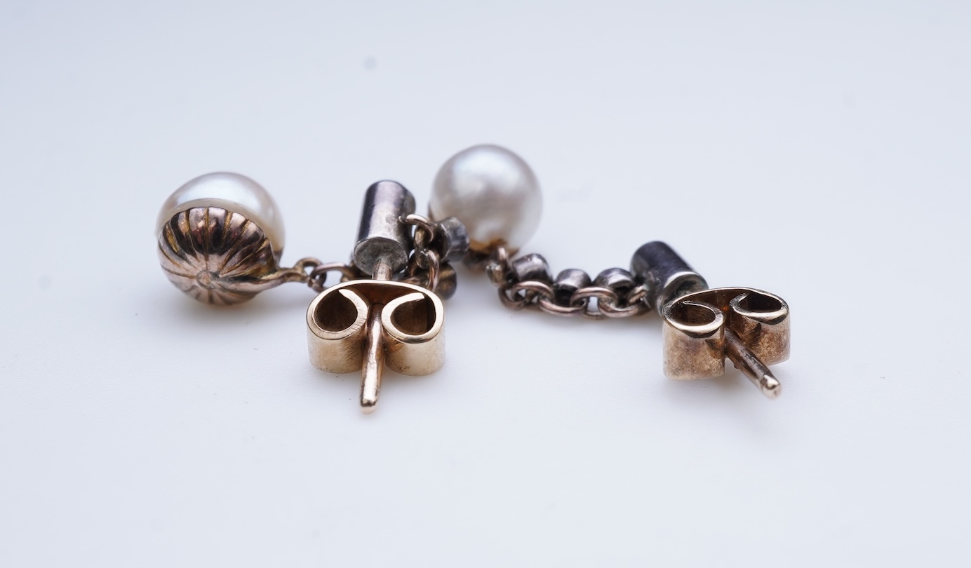A pair of cultured pearl and diamond earrings, early 20th century and later